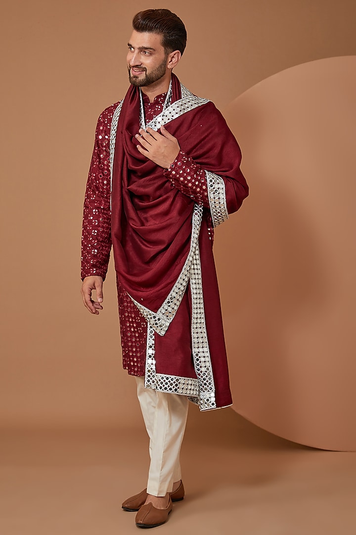 Mud Wine Silk Embroidered Kurta With Stole by Kasbah Clothing