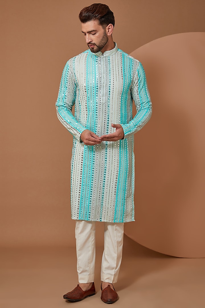 Blue Georgette Mirror Embroidered Kurta by Kasbah Clothing at Pernia's Pop Up Shop