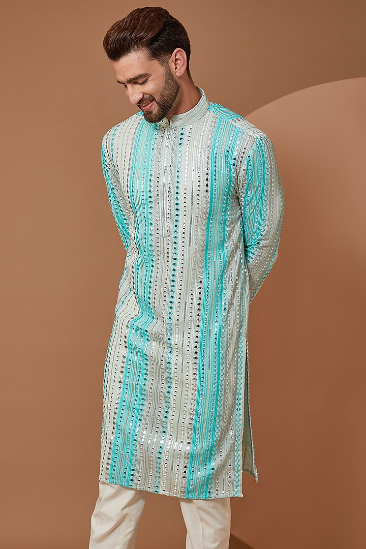 Blue Georgette Mirror Embroidered Kurta by Kasbah Clothing at Pernia's Pop Up Shop