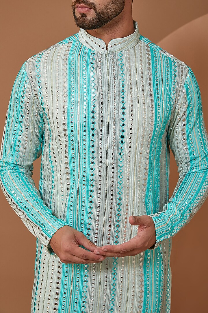 Blue Georgette Mirror Embroidered Kurta by Kasbah Clothing at Pernia's Pop Up Shop