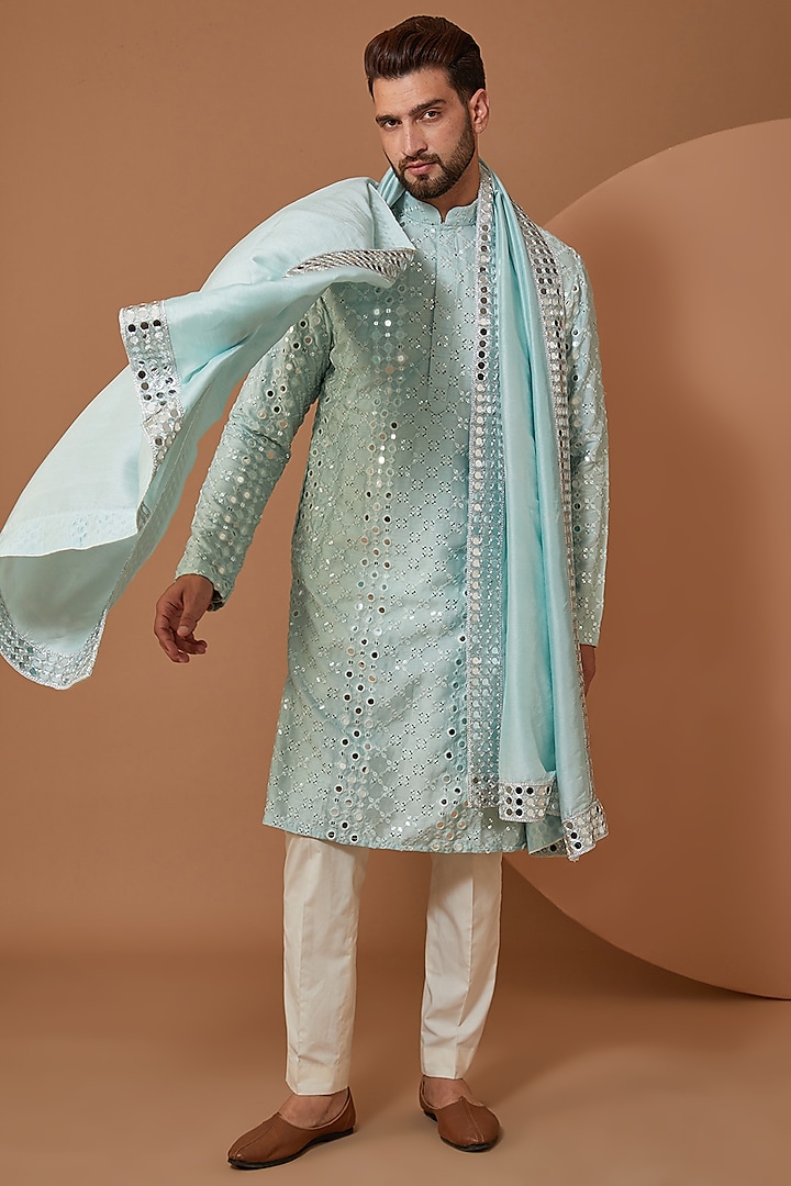 Sky Blue Silk Mirror Embroidered Kurta With Stole by Kasbah Clothing