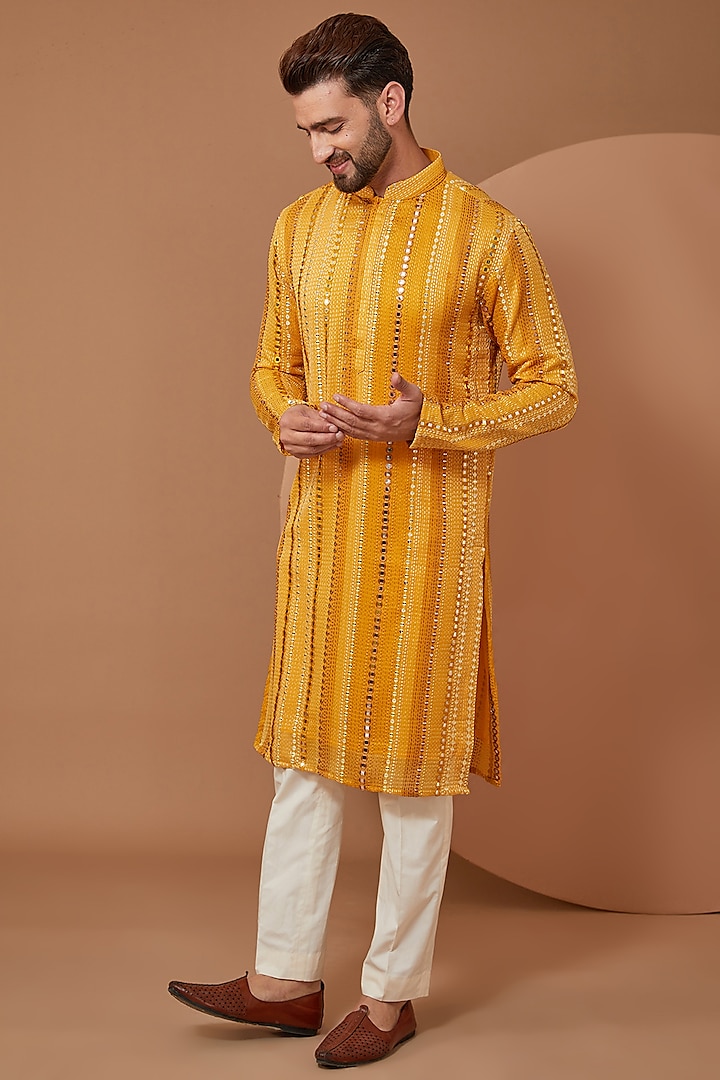 Mustard Georgette Mirror Embroidered Kurta by Kasbah Clothing