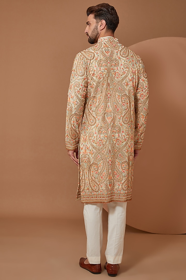 Ivory Silk Kashmiri Jamawar Embroidered Kurta by Kasbah Clothing at Pernia's Pop Up Shop