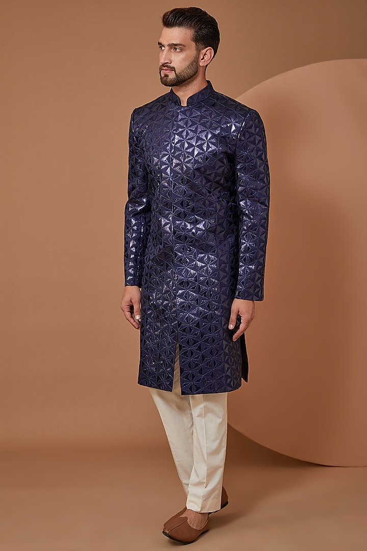 Blue Chanderi Silk sherwani  by Kasbah Clothing