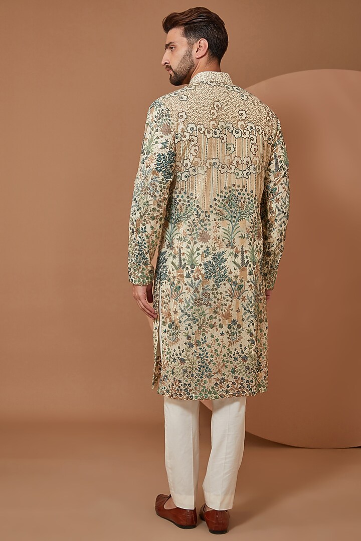 Ivory Georgette Floral Thread Embroidered Kurta by Kasbah Clothing at Pernia's Pop Up Shop