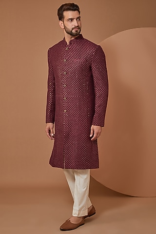 Maroon Silk Sequins Embroidered Kurta by Kasbah Clothing