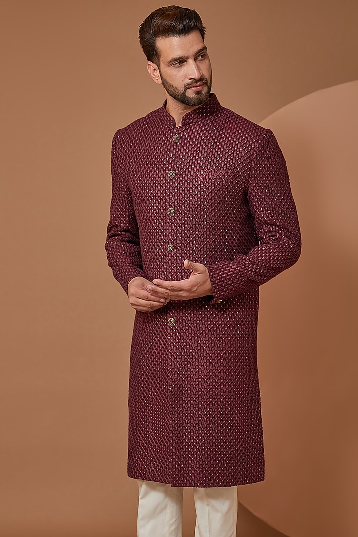 Maroon Silk Sequins Embroidered Kurta by Kasbah Clothing at Pernia's Pop Up Shop
