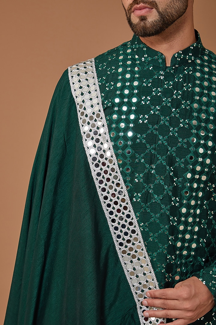 Bottle Green Silk Mirror Embroidered Kurta With Stole by Kasbah Clothing at Pernia's Pop Up Shop