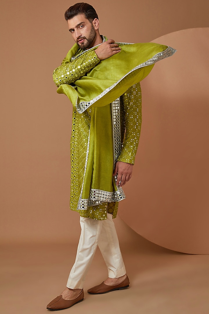 Mehendi Green Silk Mirror Embroidered Kurta With Stole by Kasbah Clothing