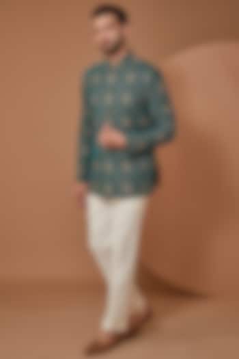 Green Velvet Thread Embroidered Wedding Bandhgala by Kasbah Clothing at Pernia's Pop Up Shop