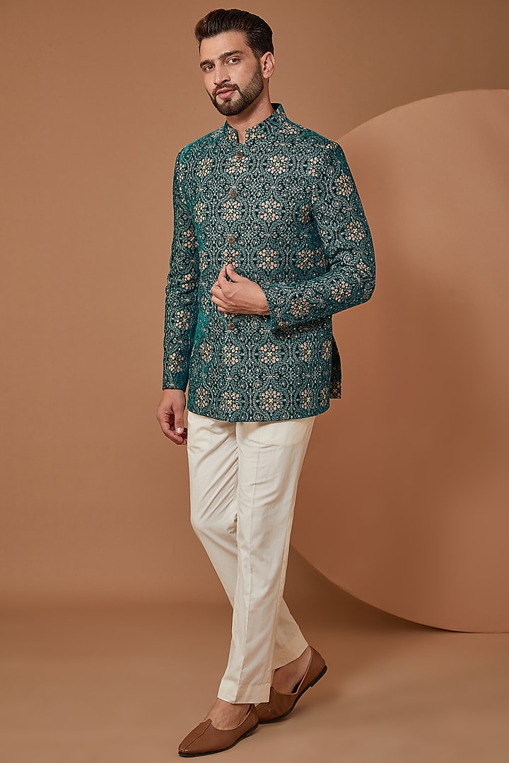 Green Velvet Thread Embroidered Wedding Bandhgala by Kasbah Clothing at Pernia's Pop Up Shop