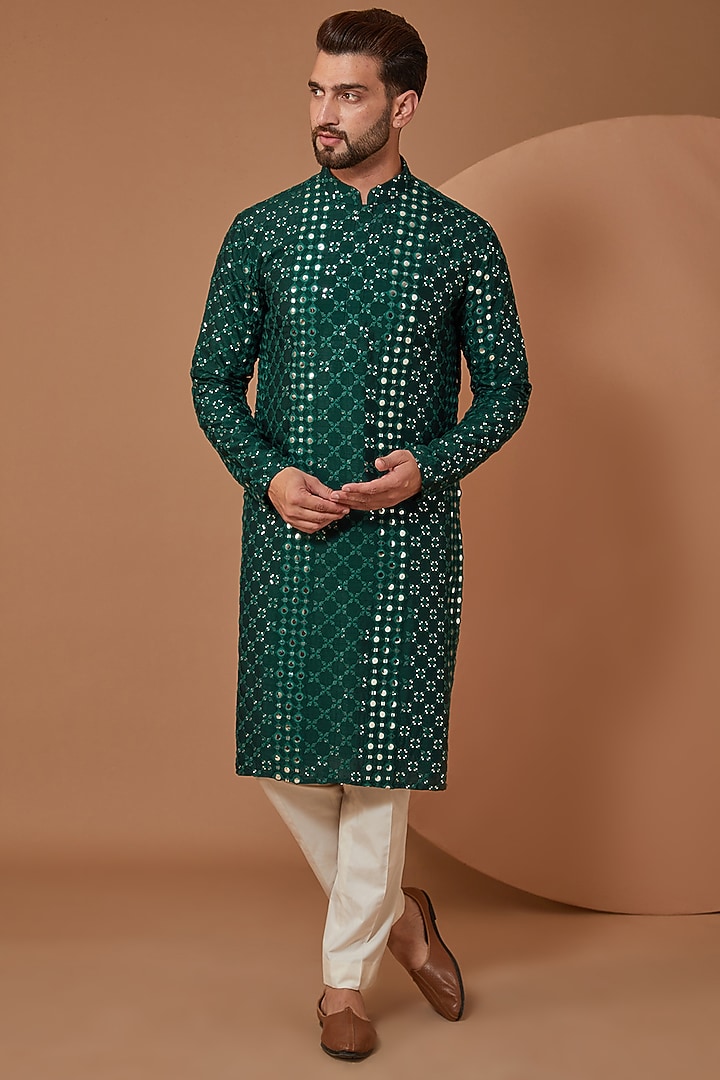 Bottle Green Silk Mirror Embroidered Kurta by Kasbah Clothing at Pernia's Pop Up Shop
