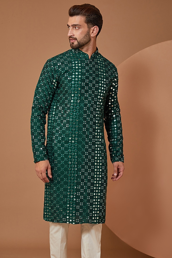 Bottle Green Silk Mirror Embroidered Kurta by Kasbah Clothing at Pernia's Pop Up Shop