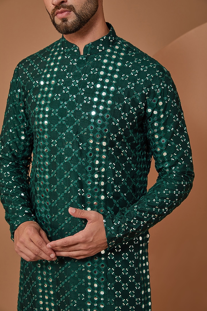 Bottle Green Silk Mirror Embroidered Kurta by Kasbah Clothing at Pernia's Pop Up Shop