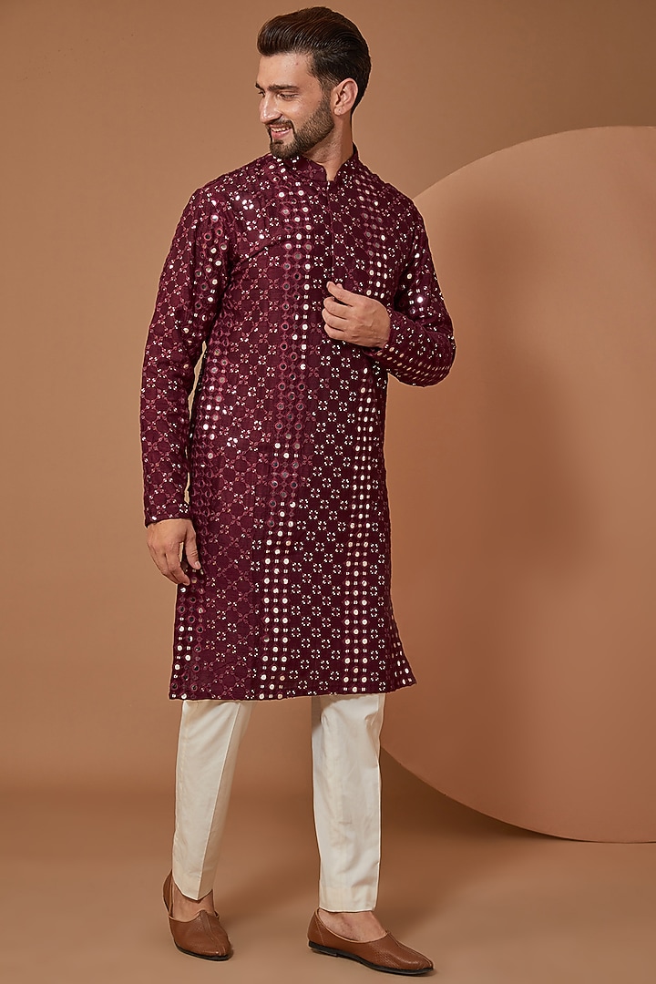 Mud Wine Silk Mirror Embroidered Kurta by Kasbah Clothing at Pernia's Pop Up Shop