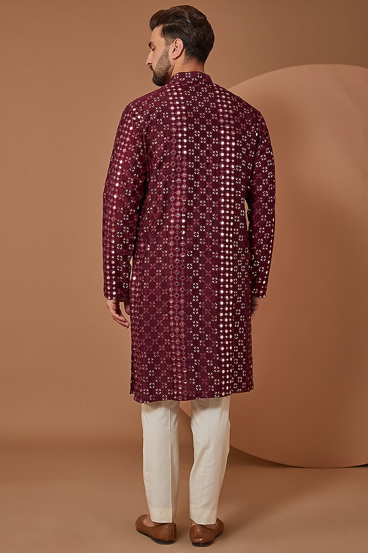 Mud Wine Silk Mirror Embroidered Kurta by Kasbah Clothing at Pernia's Pop Up Shop