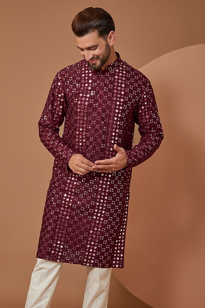 Mud Wine Silk Mirror Embroidered Kurta by Kasbah Clothing at Pernia's Pop Up Shop