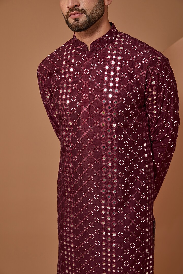 Mud Wine Silk Mirror Embroidered Kurta by Kasbah Clothing at Pernia's Pop Up Shop