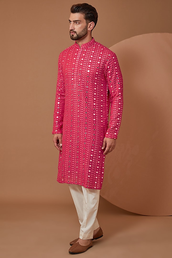 Hot Pink Georgette Thread Embroidered Kurta by Kasbah Clothing at Pernia's Pop Up Shop