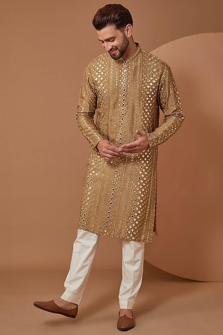 Copper Silk Mirror Embroidered Kurta by Kasbah Clothing at Pernia's Pop Up Shop