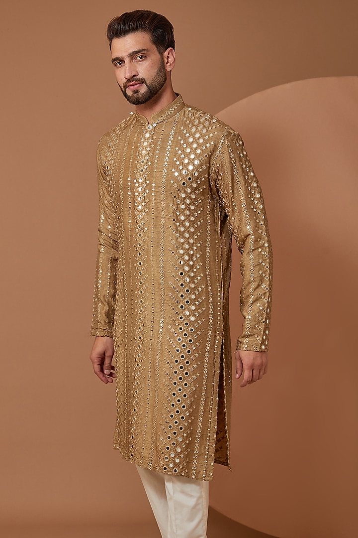 Copper Silk Mirror Embroidered Kurta by Kasbah Clothing at Pernia's Pop Up Shop