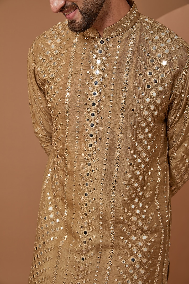 Copper Silk Mirror Embroidered Kurta by Kasbah Clothing at Pernia's Pop Up Shop