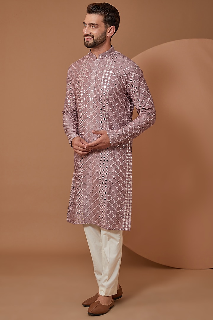 Lilac Silk Mirror Embroidered Kurta by Kasbah Clothing