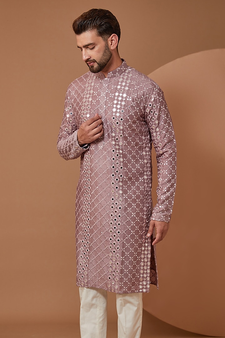 Lilac Silk Mirror Embroidered Kurta by Kasbah Clothing at Pernia's Pop Up Shop