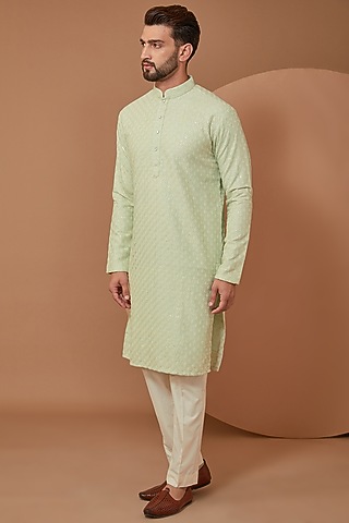 Light Sea Green Silk Sequins Embroidered Kurta by Kasbah Clothing