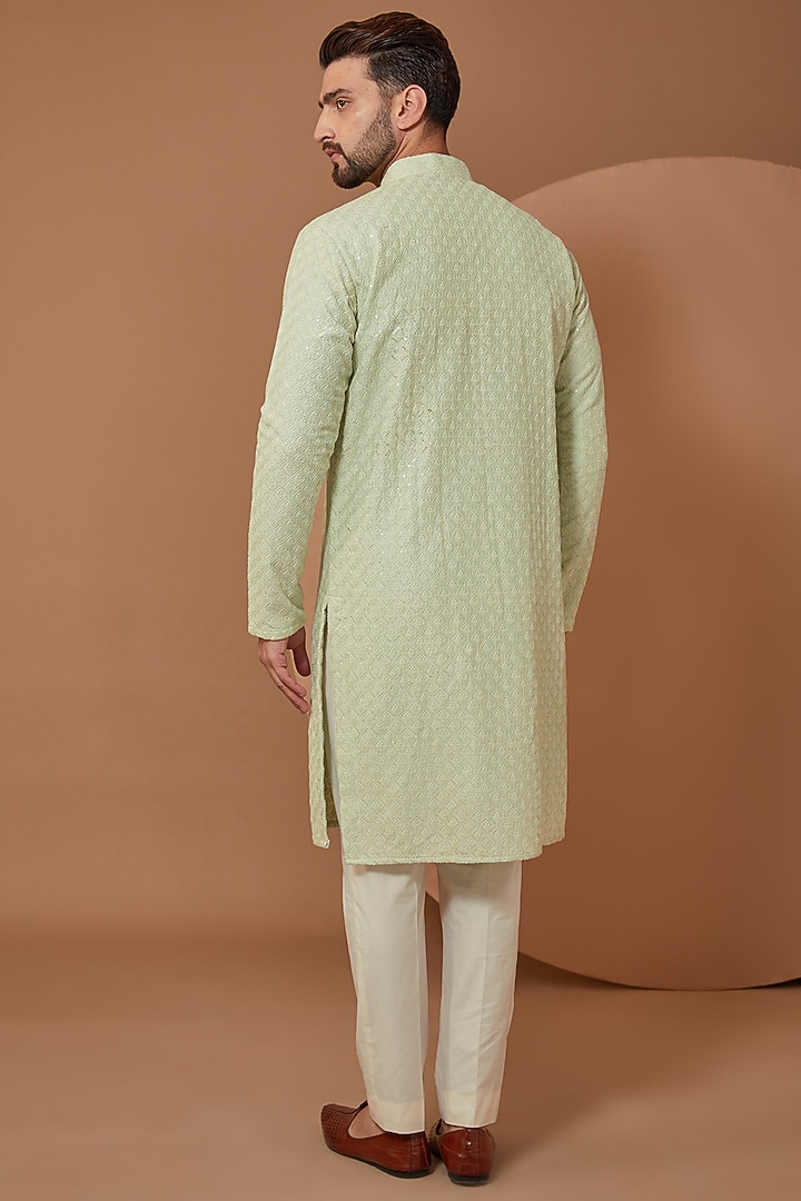 Light Sea Green Silk Sequins Embroidered Kurta by Kasbah Clothing at Pernia's Pop Up Shop