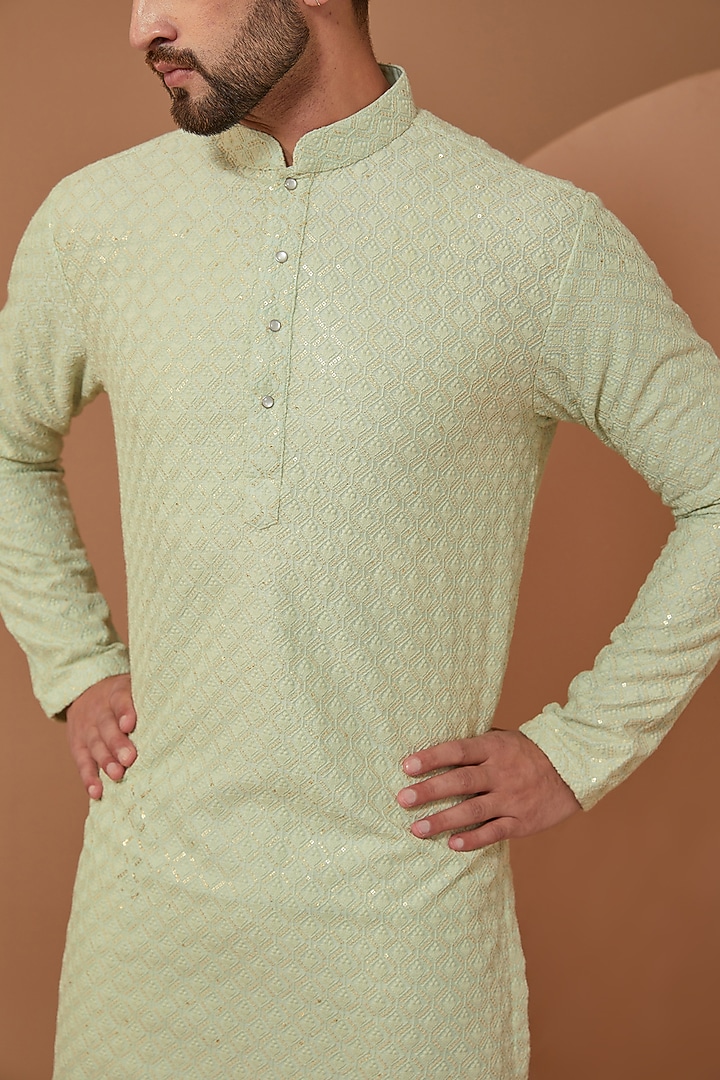 Light Sea Green Silk Sequins Embroidered Kurta by Kasbah Clothing at Pernia's Pop Up Shop