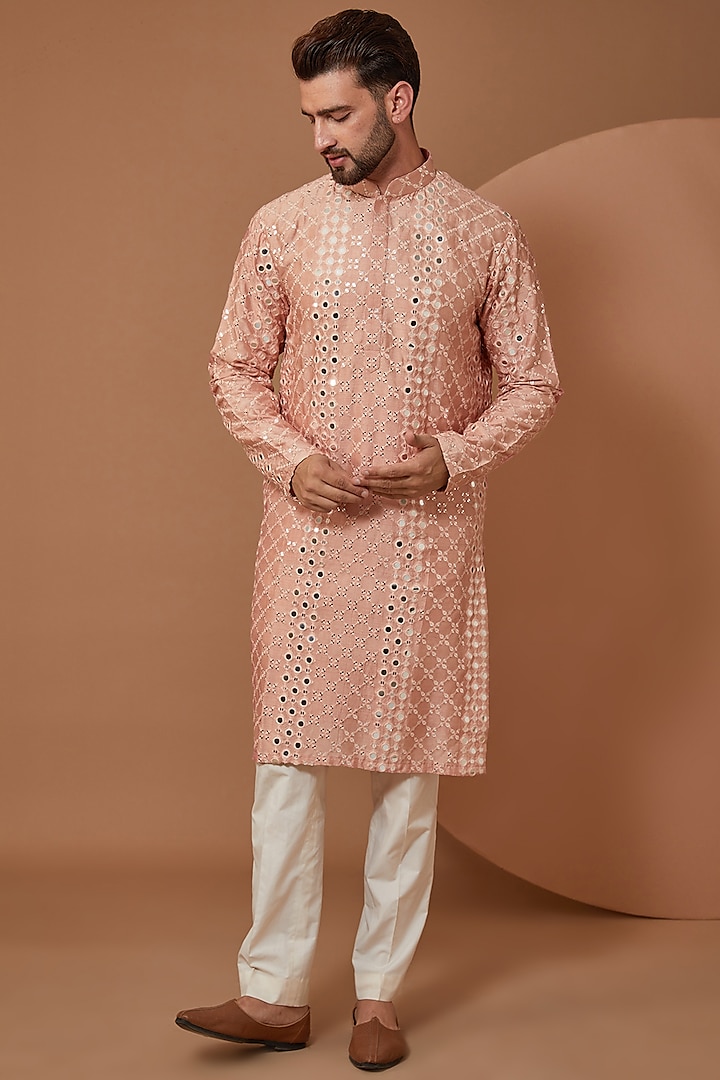 Peach Silk Mirror Embroidered Kurta by Kasbah Clothing