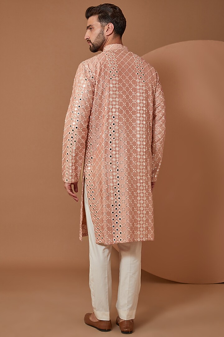 Peach Silk Mirror Embroidered Kurta by Kasbah Clothing at Pernia's Pop Up Shop