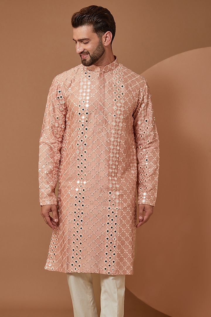 Peach Silk Mirror Embroidered Kurta by Kasbah Clothing at Pernia's Pop Up Shop