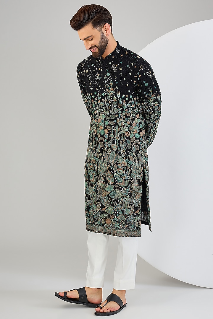 Black Georgette Sequins Embroidered Kurta by Kasbah Clothing