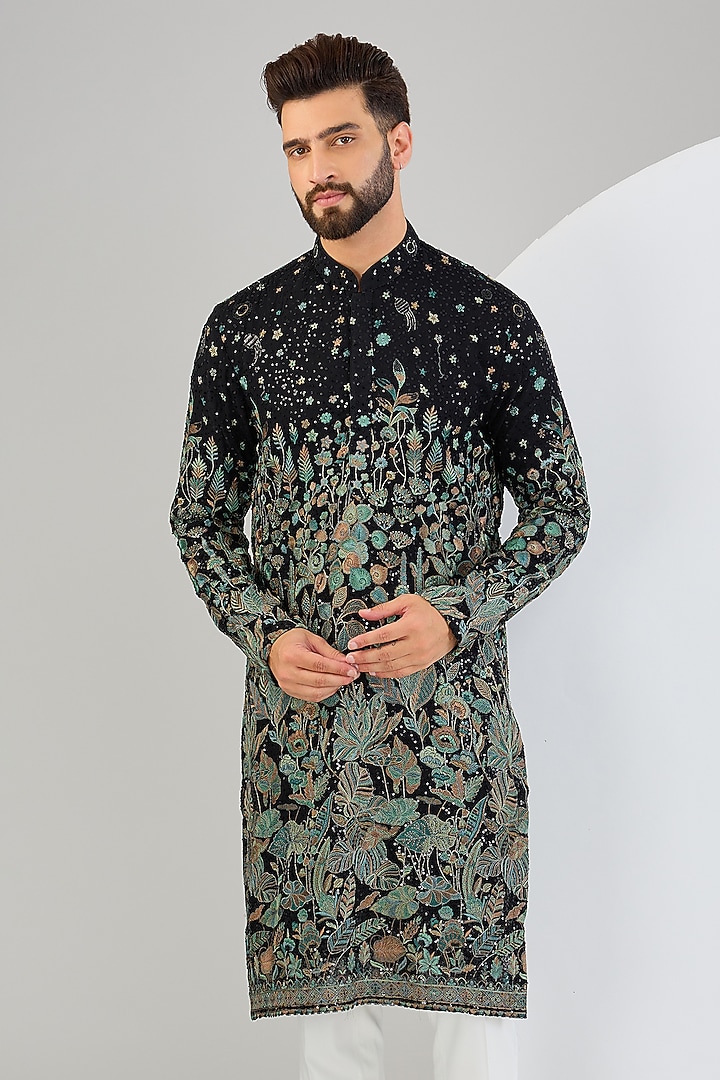 Black Georgette Sequins Embroidered Kurta by Kasbah Clothing at Pernia's Pop Up Shop