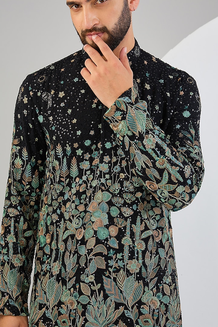 Black Georgette Sequins Embroidered Kurta by Kasbah Clothing at Pernia's Pop Up Shop