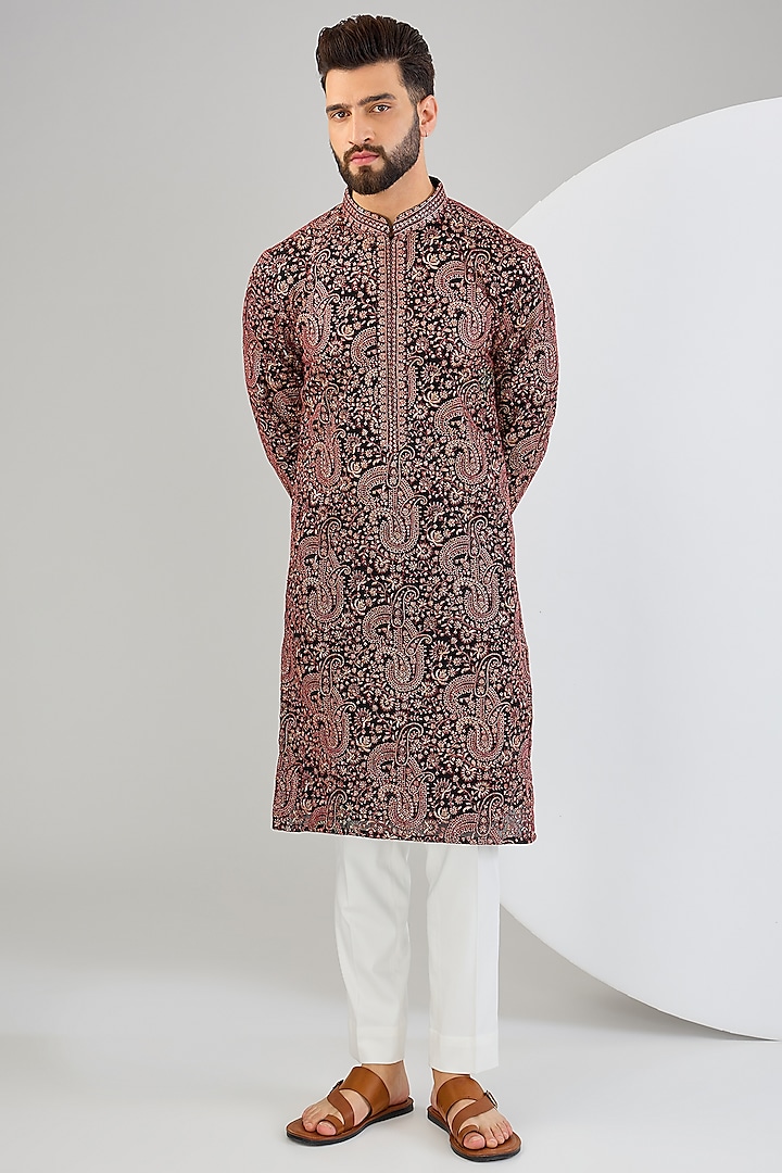 Black Chanderi Gota Embroidered Chikankari Kurta by Kasbah Clothing at Pernia's Pop Up Shop