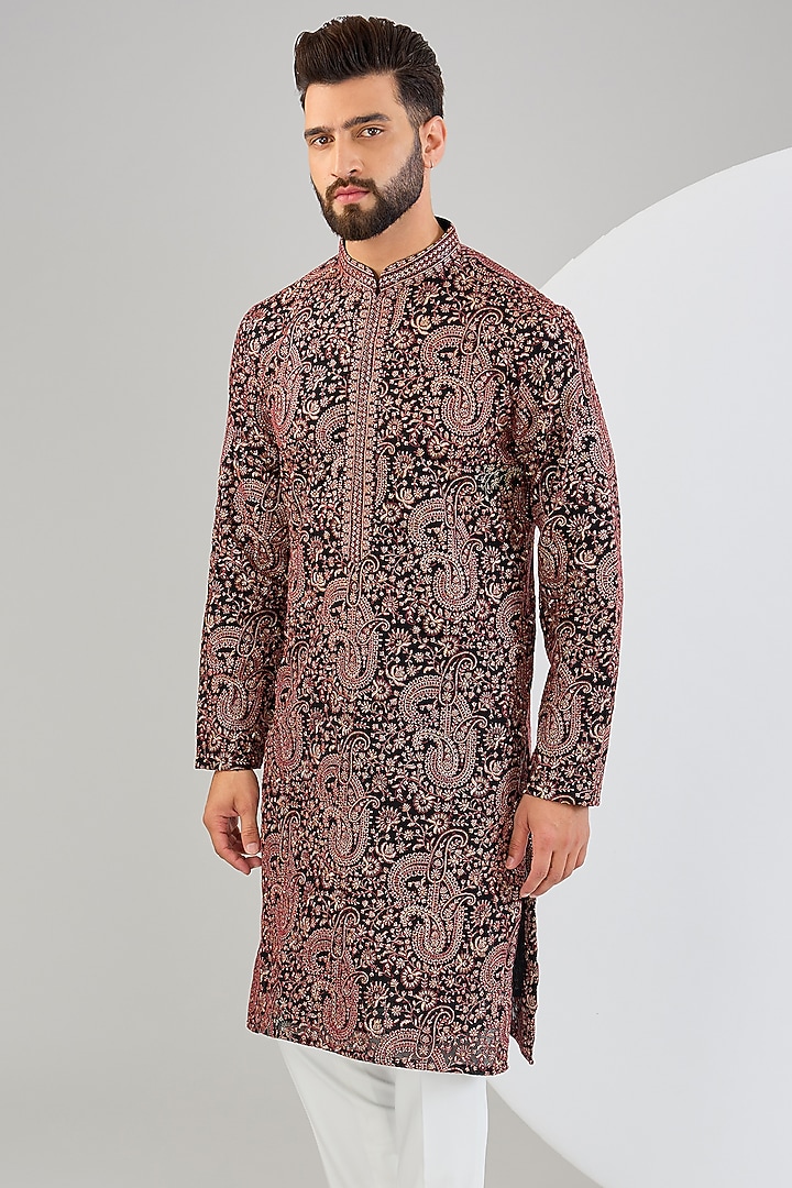 Black Chanderi Gota Embroidered Chikankari Kurta by Kasbah Clothing at Pernia's Pop Up Shop