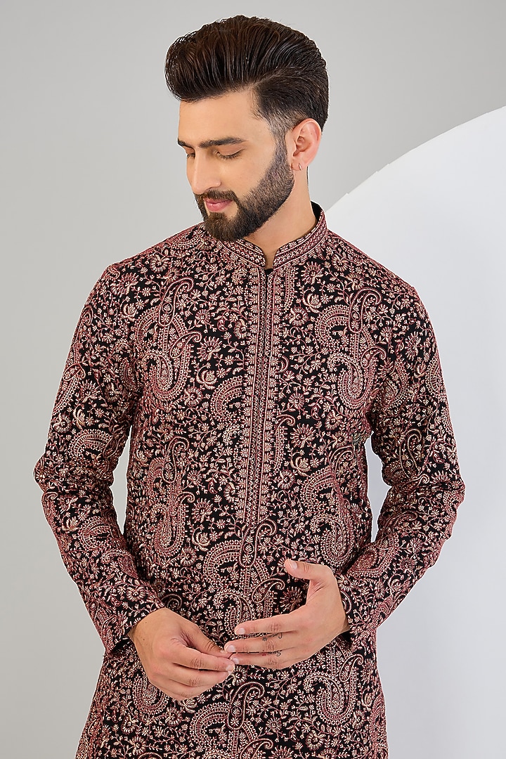 Black Chanderi Gota Embroidered Chikankari Kurta by Kasbah Clothing at Pernia's Pop Up Shop