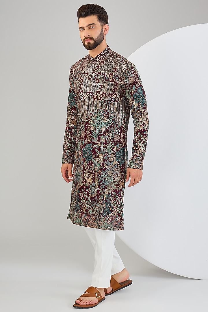 Wine Georgette Threadwork & Sequins Embroidered Chikankari Kurta by Kasbah Clothing at Pernia's Pop Up Shop