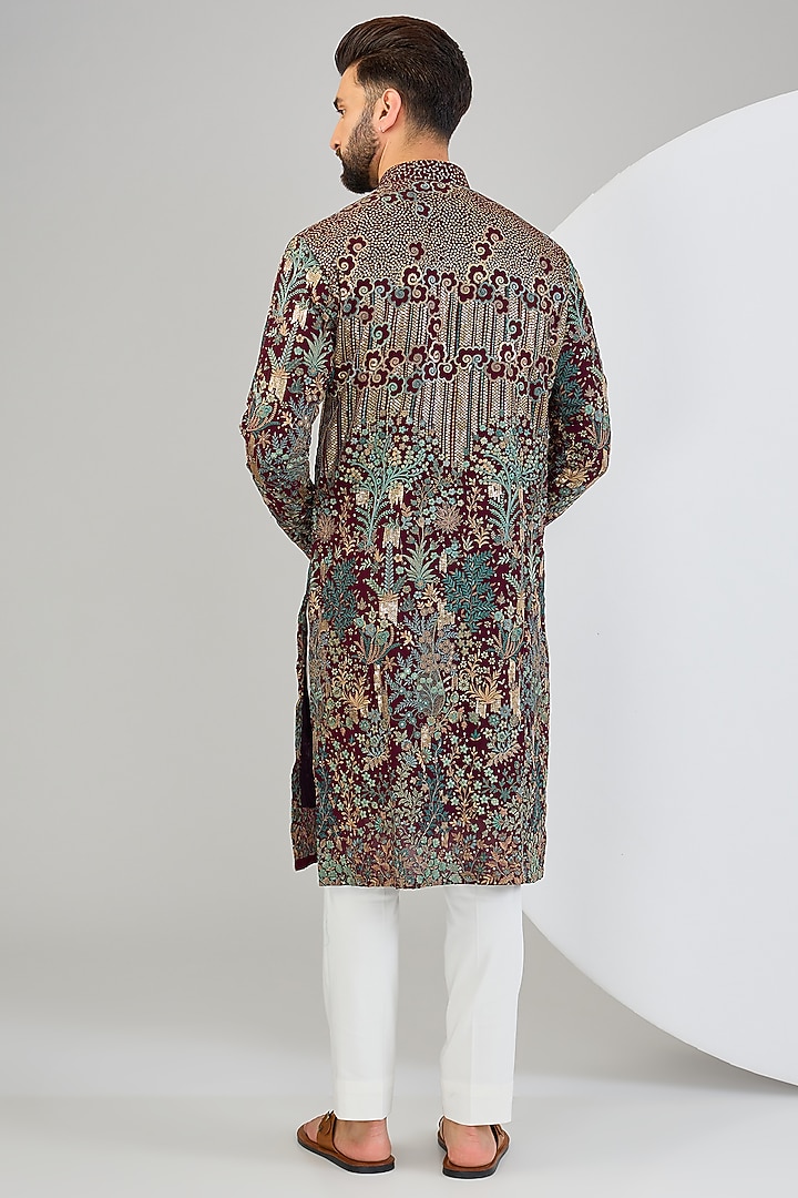 Wine Georgette Threadwork & Sequins Embroidered Chikankari Kurta by Kasbah Clothing at Pernia's Pop Up Shop
