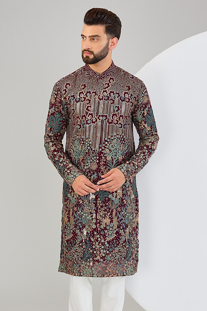 Wine Georgette Threadwork & Sequins Embroidered Chikankari Kurta by Kasbah Clothing at Pernia's Pop Up Shop