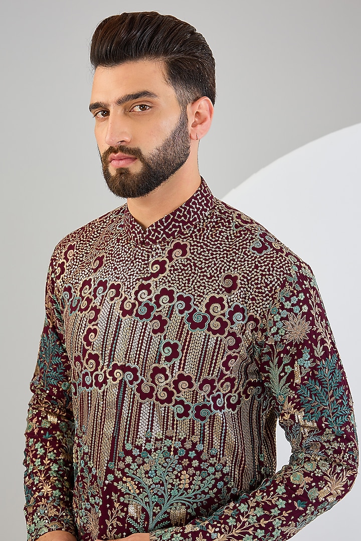 Wine Georgette Threadwork & Sequins Embroidered Chikankari Kurta by Kasbah Clothing at Pernia's Pop Up Shop