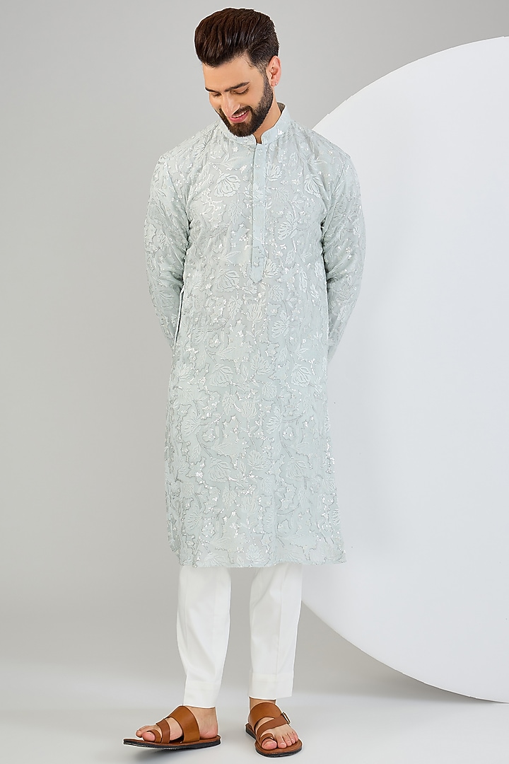 Blue Georgette Sequins Work & Floral Embroidered Chikankari Kurta by Kasbah Clothing at Pernia's Pop Up Shop