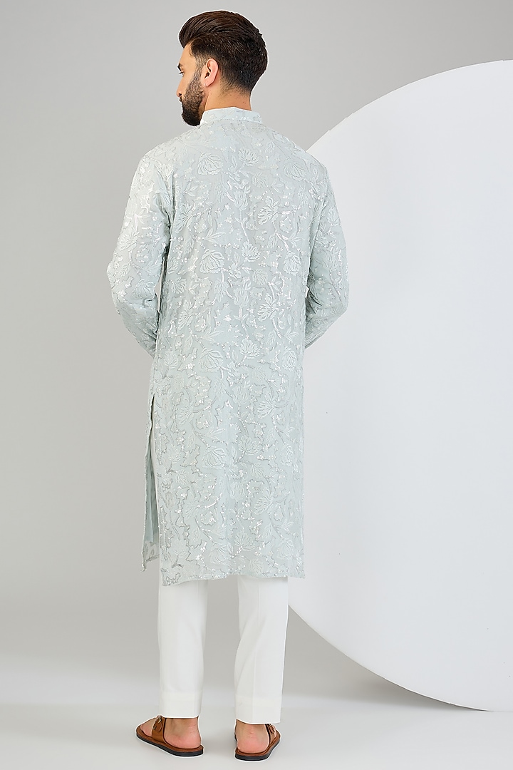 Blue Georgette Sequins Work & Floral Embroidered Chikankari Kurta by Kasbah Clothing at Pernia's Pop Up Shop
