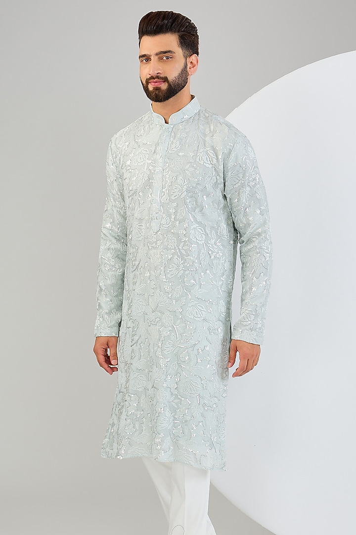 Blue Georgette Sequins Work & Floral Embroidered Chikankari Kurta by Kasbah Clothing at Pernia's Pop Up Shop