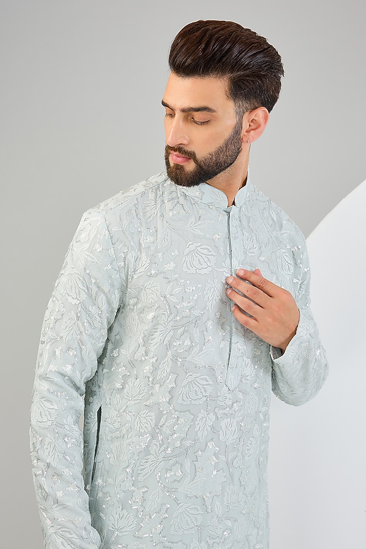 Blue Georgette Sequins Work & Floral Embroidered Chikankari Kurta by Kasbah Clothing at Pernia's Pop Up Shop