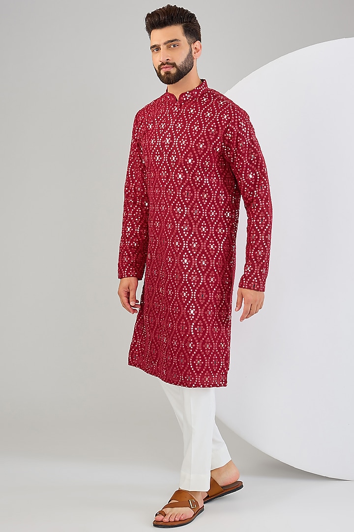 Red Silk Mirror Work Kurta by Kasbah Clothing