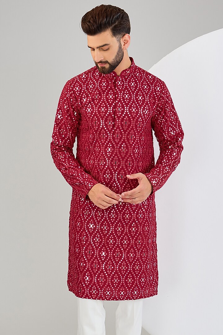 Red Silk Mirror Work Kurta by Kasbah Clothing at Pernia's Pop Up Shop